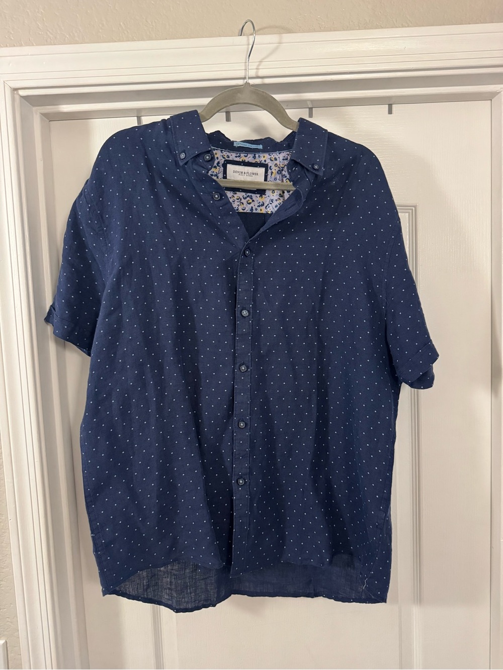 Denim & Flower 100% Linen Navy Short-Sleeve Dot Button-Down Shirt